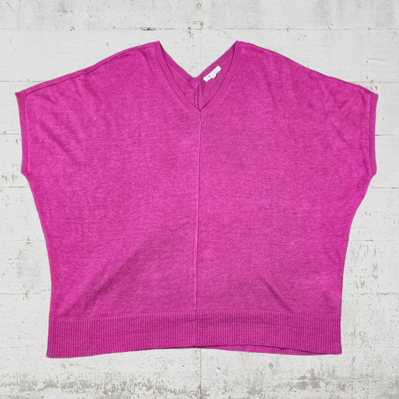 Eileen Fisher Barbie Pink Linen V Neck Cap Sleeve Relaxed Knit Blouse Size Large - Picture 1 of 8